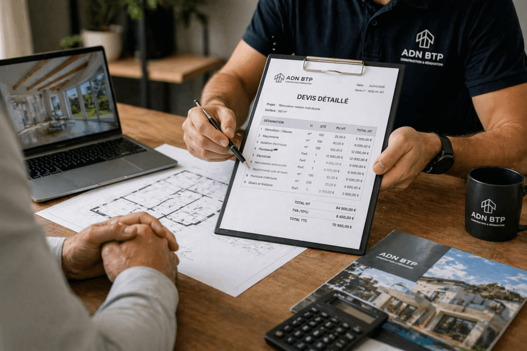 Photo d'un artisan présentant son devis détaillé pour la renovation d'un bien en 2026