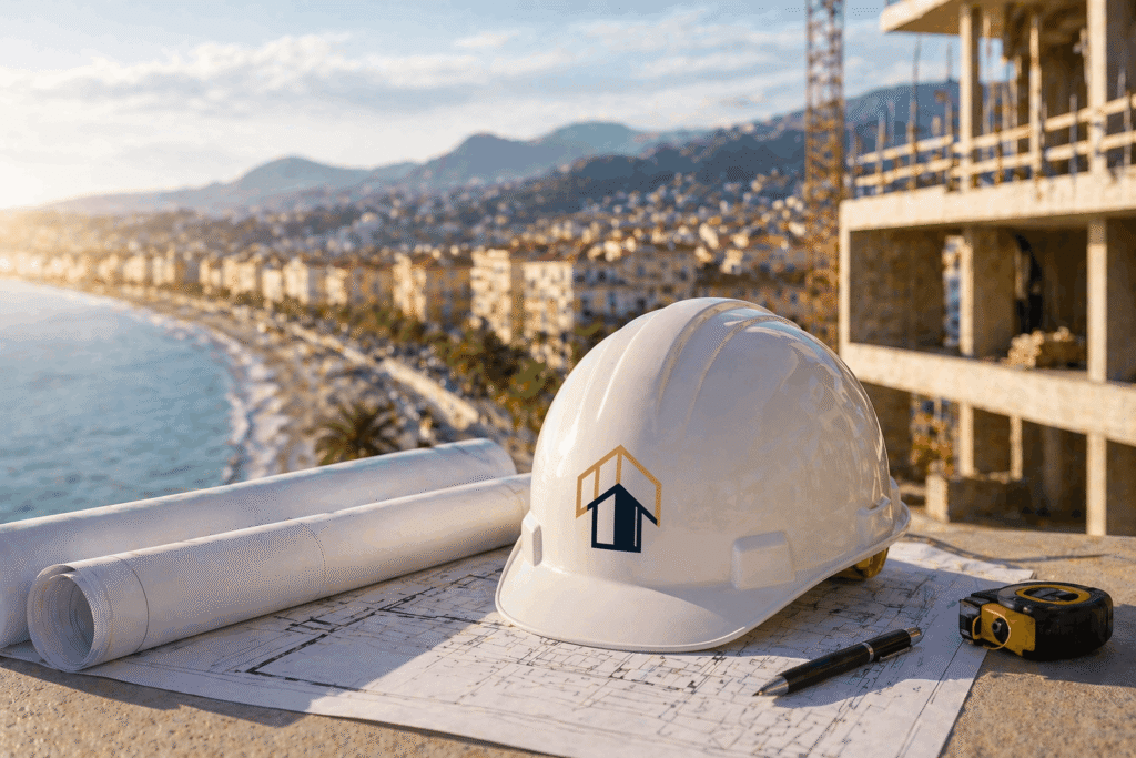 Photo d'un casque de chantier avec une vue sur nice pour représenter les entreprises de BTP à Nice (06)