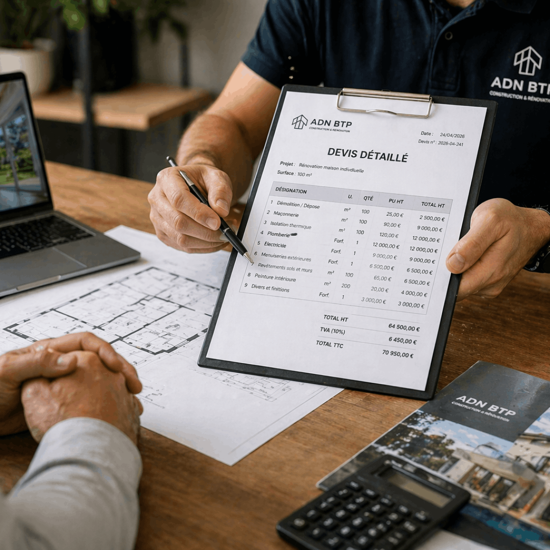 Photo d'un artisan présentant son devis détaillé pour la renovation d'un bien en 2026