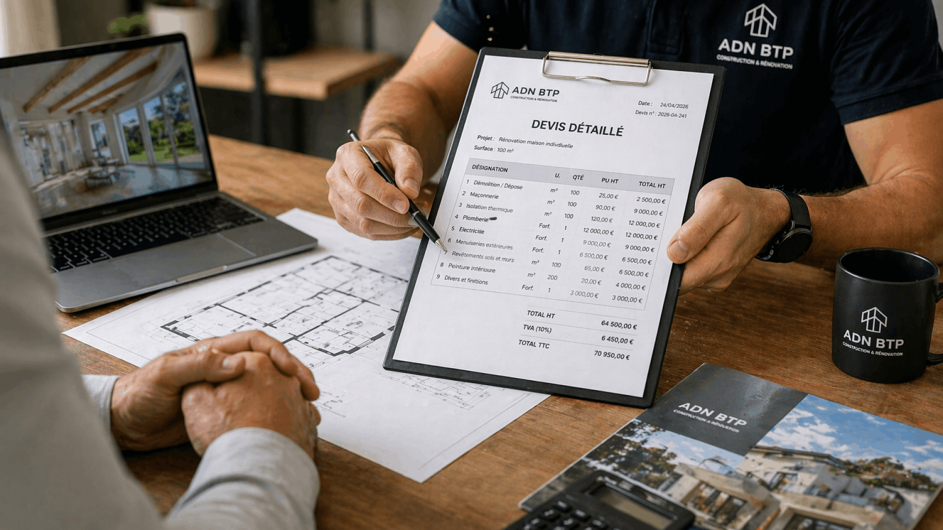 Photo d'un artisan présentant son devis détaillé pour la renovation d'un bien en 2026