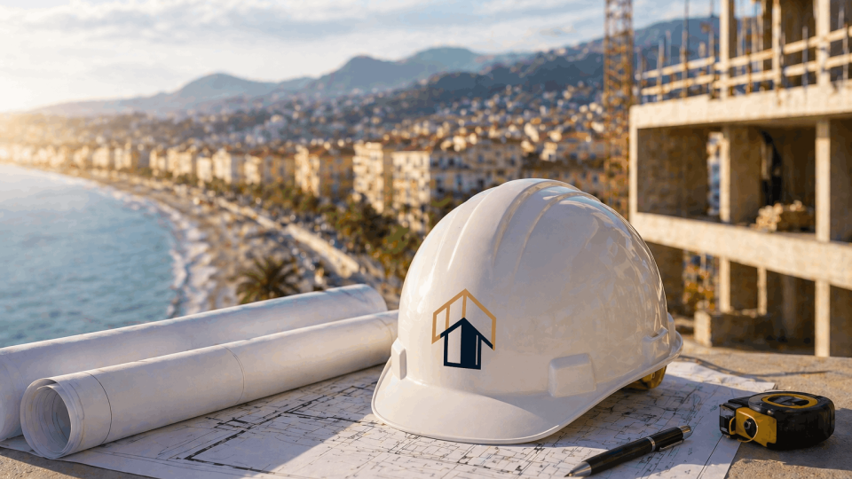 Photo d'un casque de chantier avec une vue sur nice pour représenter les entreprises de BTP à Nice (06)