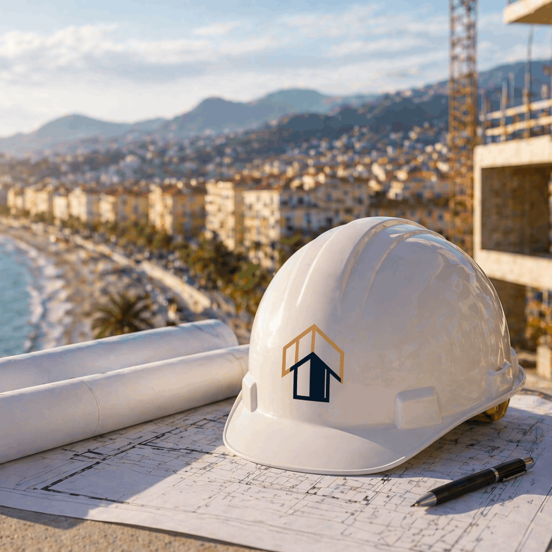 Photo d'un casque de chantier avec une vue sur nice pour représenter les entreprises de BTP à Nice (06)