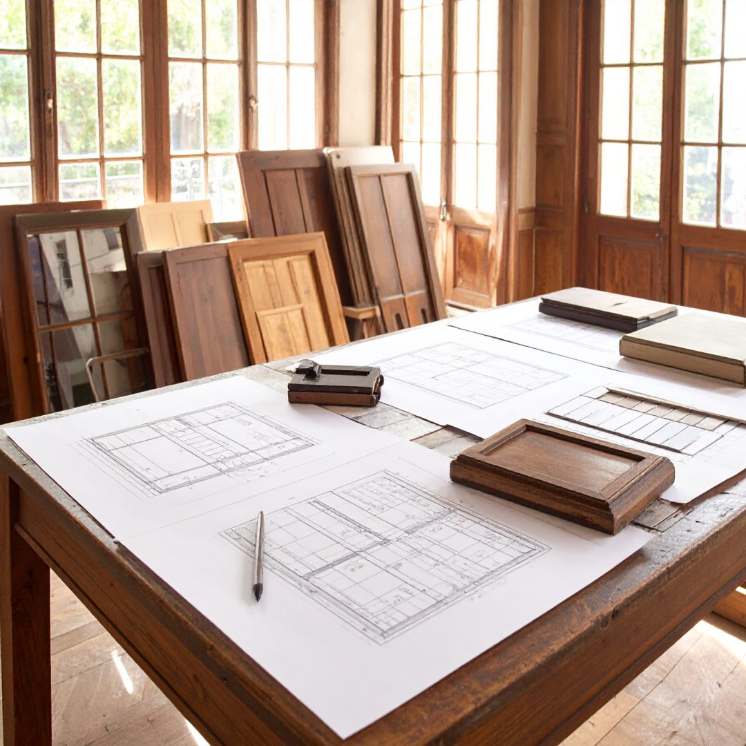 Firefly_Bureau d’architecture du patrimoine, plans techniques et croquis de fenêtres ancienne 468809