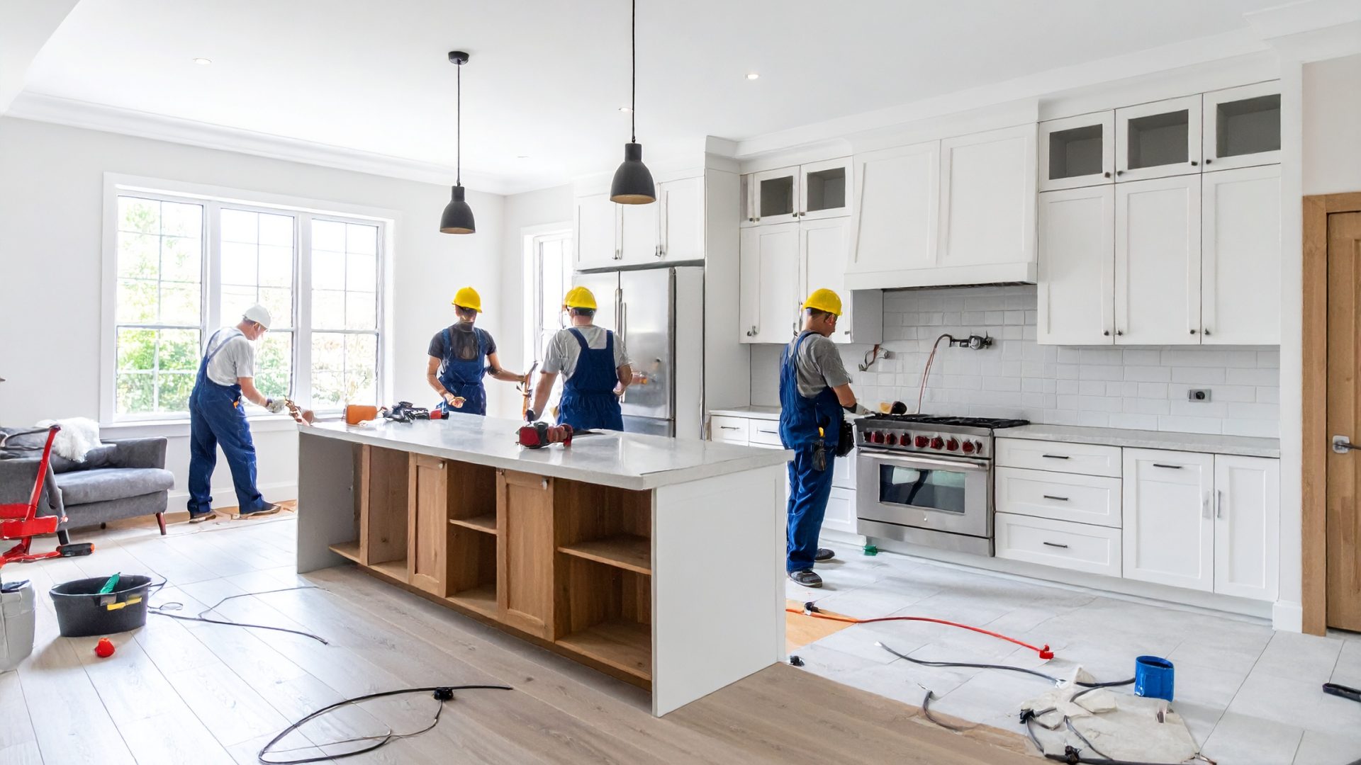 Firefly_Chantier de rénovation de cuisine en cours, plusieurs corps de métier au travail, dém 356996