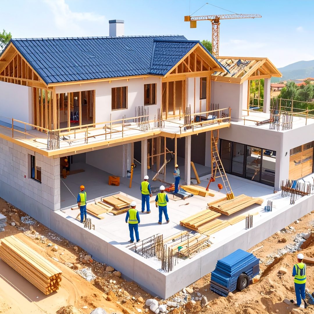 Illustration technique et réaliste d’un chantier de construction de maison individuel