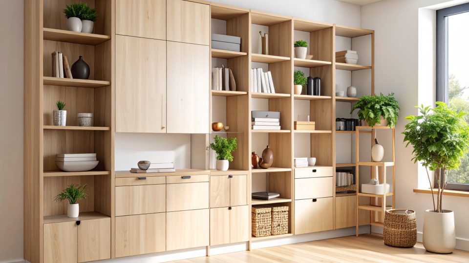 Firefly_Intérieur de maison moderne et lumineux avec des rangements sur mesure intégrés - pla 889536