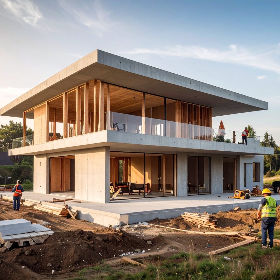 construction; maison a toit plat dans les alpes maritimes artisans sur chantier